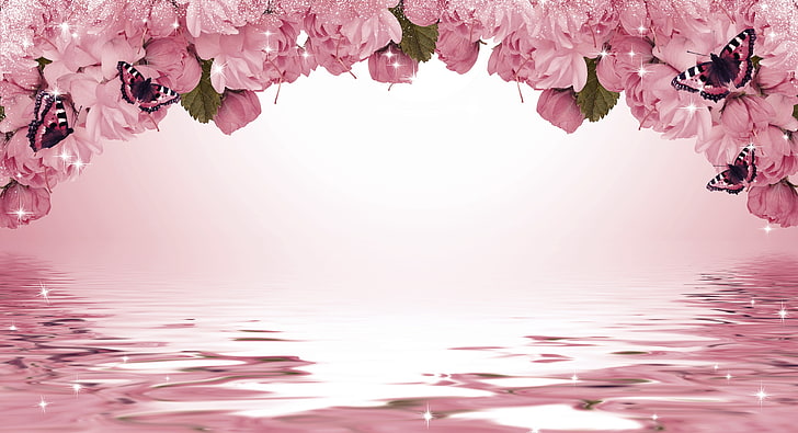 pink rose lot, butterfly, flowers, background, Sakura, sparks, HD wallpaper
