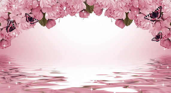 lotto di rose rosa, farfalla, fiori, sfondo, Sakura, scintille, Sfondo HD HD wallpaper