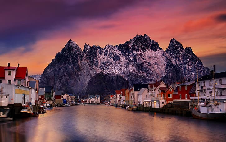 sea, landscape, sunset, mountains, rocks, home, boats, village, Norway, The Lofoten Islands, The Rhine, Lofoten, HD wallpaper