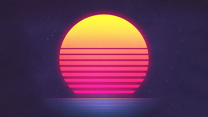 red and yellow sun illustration, orange and red sun with stripes illustration, New Retro Wave, synthwave, James White, FM-84, HD wallpaper