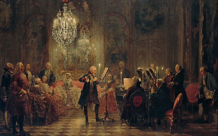 people gathering and listening to music wallpaper, painting, artwork, Prussia, concerts, king, oil painting, classic art, chandeliers, musician, flute, piano, candles, Frederick the Great, HD wallpaper