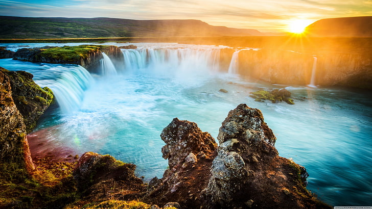 mergulhar cachoeiras sob a hora de ouro, natureza, paisagem, pôr do sol, cachoeira, Islândia, vale, HD papel de parede