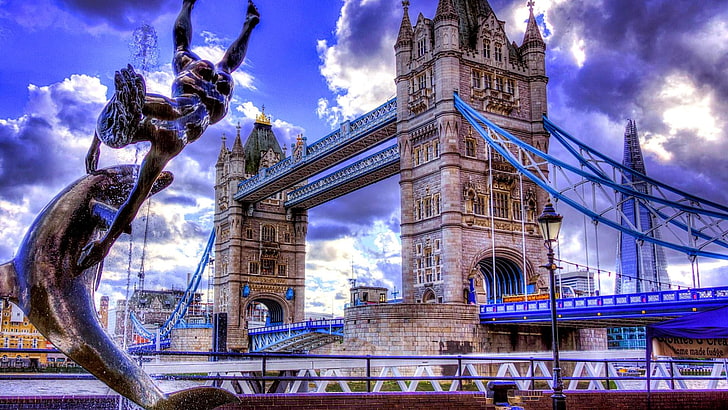 облако, архитектура, город, темза, дельфин, девушка, фонтан, девушка с фонтаном дельфина, городской пейзаж, ориентир, лондон, облачно, облака, небо, дневной свет, мост, европа, Тауэрский мост, Великобритания, HD обои