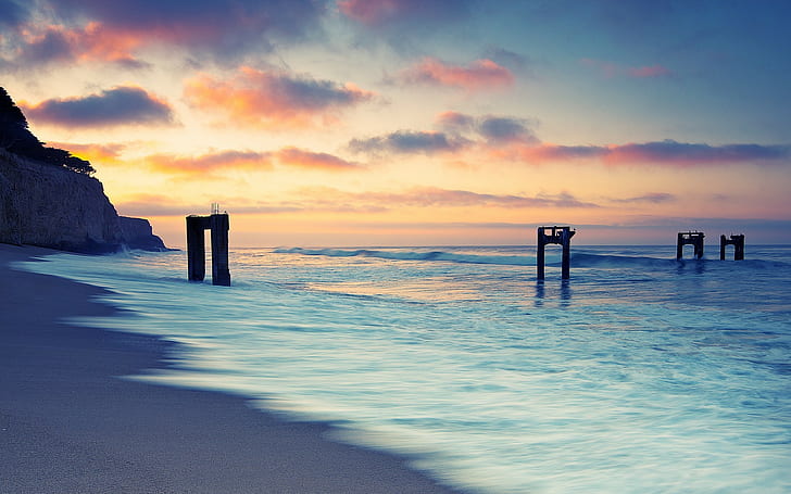 coucher de soleil, mer, nature, ciel, calme, horizon, plage, vagues, sable, côte, Fond d'écran HD