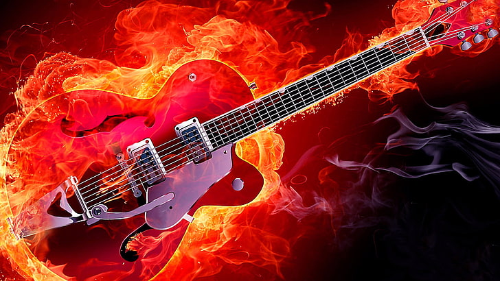 guitar, fire, musical instrument, flame, string instrument, darkness, red, electric guitar, rockabilly, HD wallpaper