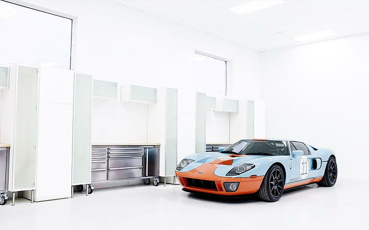 Ford GT Garage, grey and orange ford gt, ford, garage, HD wallpaper