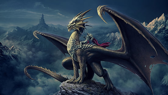 carta da parati digitale drago, drago sul masso, fantasy art, mitologico, castello, drago, arte digitale, montagne, cavaliere, creatura, Sfondo HD HD wallpaper