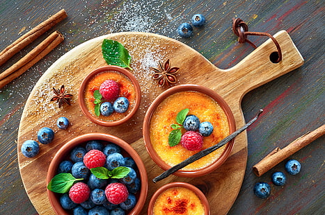 плодове, малина, десерт, крем брюле, боровинки, HD тапет HD wallpaper