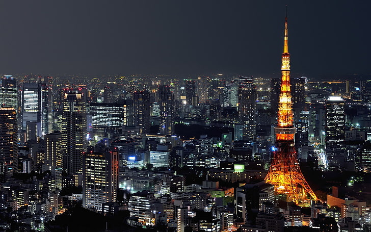 urbano, giappone, murario, notte, luci, tokyo, paesaggio urbano, torre di tokyo, fotografia, città, Sfondo HD