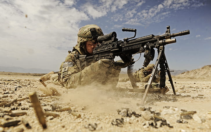 Война, Военные, Оружие, Человек, Солдат, Пустыня, SAW, M249 SAW, Пулемет, Стрелок, HD обои