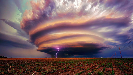 lightning, storm, hurricane, whirlwind, windy, wind, field, HD wallpaper HD wallpaper