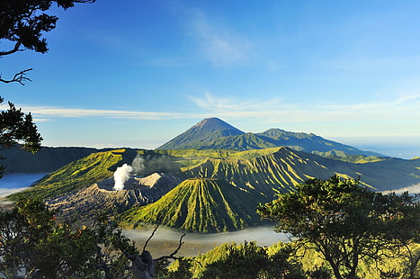 небо, солнце, деревья, горы, ветки, туман, долина, Индонезия, вулканы, гора Бромо, Сурабая, HD обои HD wallpaper