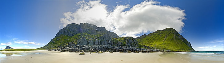 green mountain, island, beach, landscape, HD wallpaper
