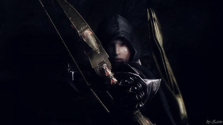 弓のグラフィックの壁紙、The Elder Scrolls Vを保持している黒いパーカーの人：Skyrim、髪の弓、射手、泥棒、 HDデスクトップの壁紙