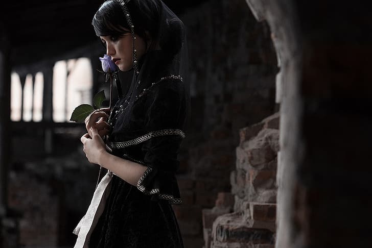 Lada Lyumos, photography, video game girls, dress, depth of field, The Witcher, black dress, women, The Witcher 3, hairbun, rose, closed mouth, dark hair, looking away, The Witcher 3: Wild Hunt, cosplay, Iris Von Everec, The Witcher 3: Wild Hunt – Hearts of Stone, model, looking at the side, HD wallpaper