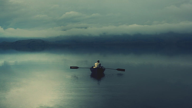 boat, sea, twilight, cloudy, evening, solitary, rowing, HD wallpaper