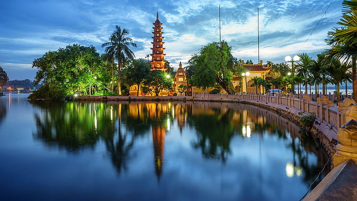nature, landscape, sky, trees, lights, lake, temple, Vietnam, Hanoi, clouds, Asian architecture, reflection, HD wallpaper
