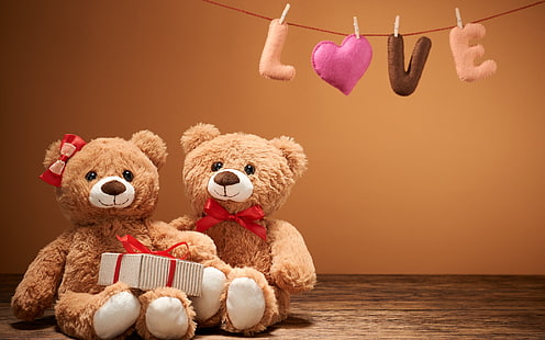 Amor doce coração romântico Teddy, dois brinquedos de pelúcia urso marrom, amor, coração, urso, pelúcia, HD papel de parede HD wallpaper