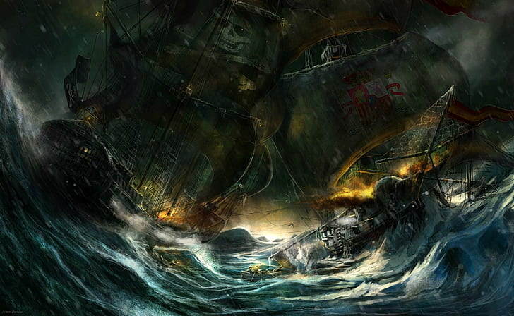 Battle On Stormy Seas, drawing, battle, dark, ship, storm, pirate, boat, fantasy, painting, boats, HD wallpaper