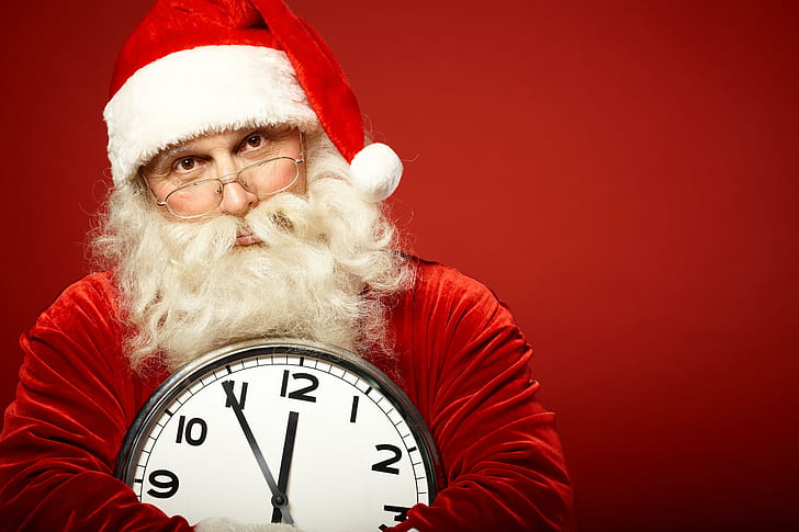 Yeni yıl, güneş gözlüğü, saatler, sakal, Noel Baba, erkek kırmızı kazak, Yeni yıl, güneş gözlüğü, saatler, sakal, Noel Baba, erkek kırmızı kazak, HD masaüstü duvar kağıdı