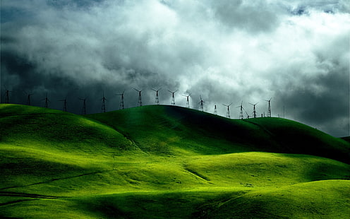 طاحونة هوائية ، خضراء ، تلال ، مزرعة رياح، خلفية HD HD wallpaper