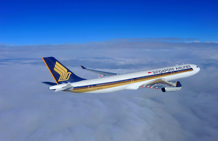 white and blue Singapore Airlines, The sky, Clouds, Singapore, Flight, Sky, 300, The plane, Passenger, Airbus, A330, Airliner, Aircraft, Singapore Airlines, HD wallpaper