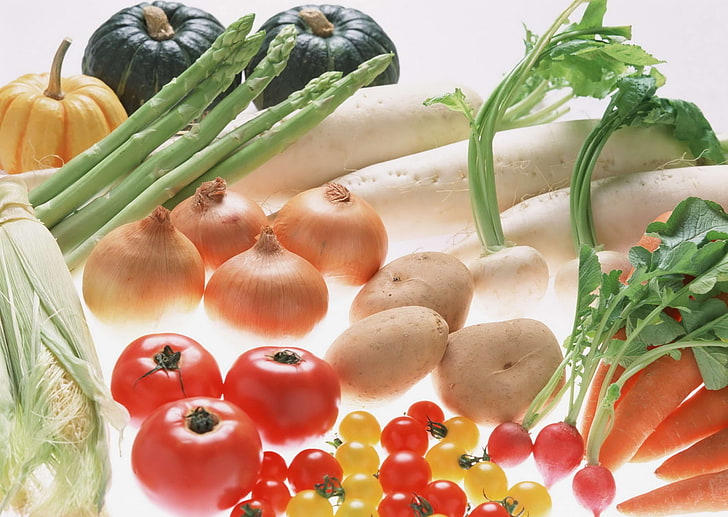 Tomaten, Kartoffeln, Karotten, Kürbis, Mais, Rettich, Spargel und Zwiebeln, Zwiebeln, Tomaten, Lebensmittel, Kräuter, HD-Hintergrundbild