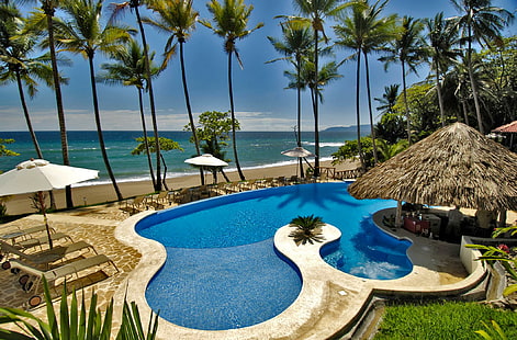 Плажен басейн, басейн, плуване, остров, екзотика, острови, тропически, плаж, океан, син, рай, HD тапет HD wallpaper
