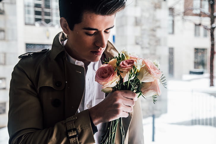 male model, coat, closed eyes, rose bouquet, Men, HD wallpaper