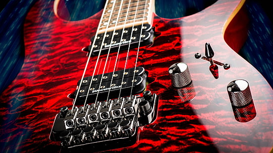 guitar, instrument, musical, red, HD wallpaper HD wallpaper