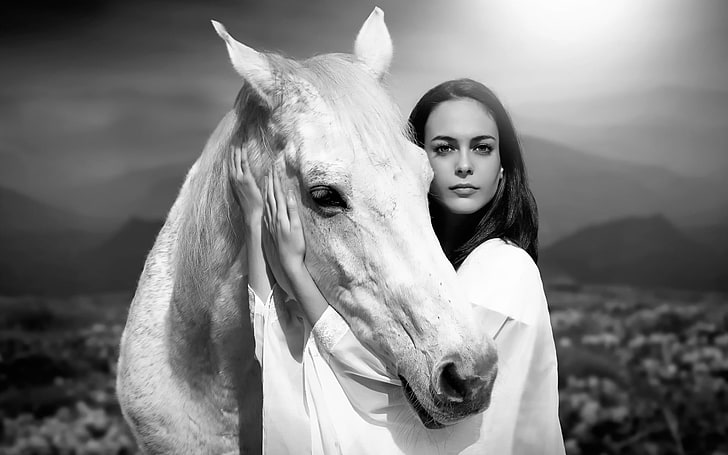 monokrom, wanita, kuda, model, hewan, wanita dengan kuda, Wallpaper HD