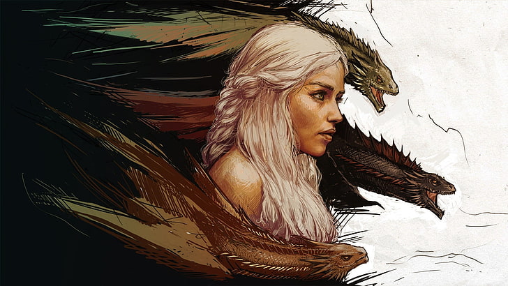Daenerys Targaryen, women, Daenerys Targaryen, A Song of Ice and Fire, dragon, white hair, Game of Thrones, fantasy art, blonde, mother of dragons, artwork, HD wallpaper