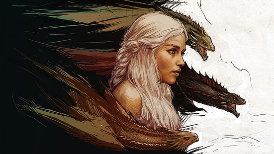Daenerys Targaryen, ผู้หญิง, Daenerys Targaryen, เพลงแห่งน้ำแข็งและไฟ, มังกร, ผมขาว, Game of Thrones, ศิลปะแฟนตาซี, สีบลอนด์, แม่ของมังกร, งานศิลปะ, วอลล์เปเปอร์ HD HD wallpaper
