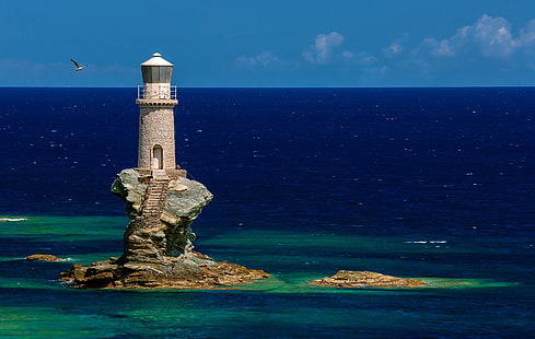 Греция, остров, маяк Турлити, HD обои HD wallpaper