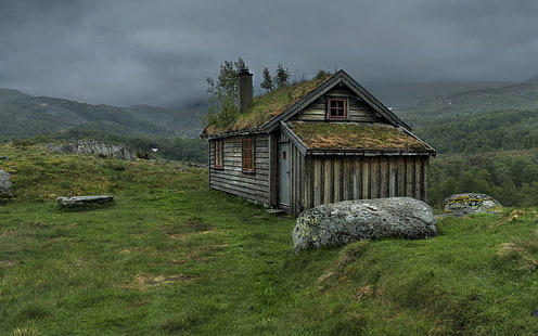 кафява и бяла дървена къща, природа, трева, мъгла, скала, хижа, HD тапет HD wallpaper
