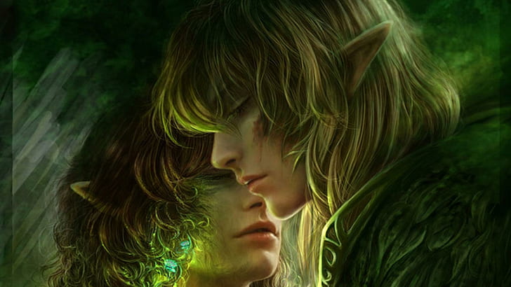 Romance elfique, fantaisie, romance, amour, elfes, vert, magie, elfique, 3d et abstrait, Fond d'écran HD