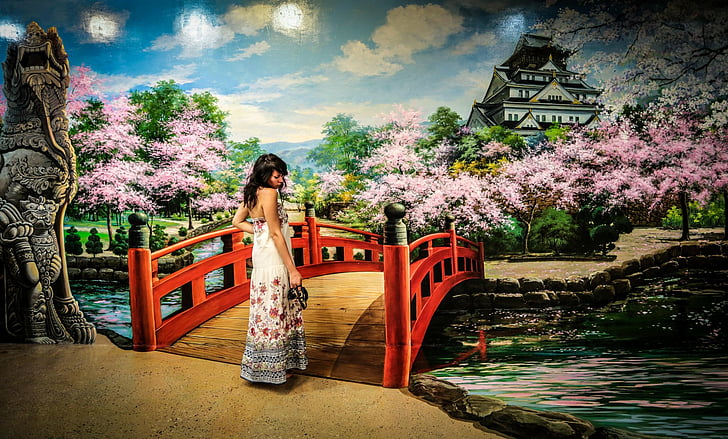 Artistic, Spring, Bridge, Girl, Japanese Garden, Woman, HD wallpaper