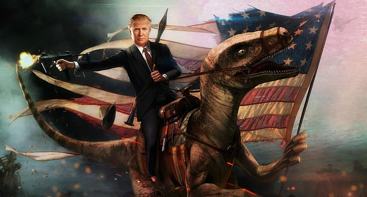 Дональд Трамп на иллюстрациях динозавров, Дональд Трамп, динозавры, США, американский флаг, RPG-7, HD обои