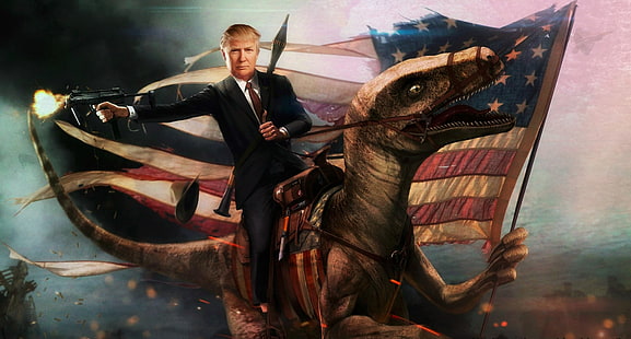 Доналд Тръмп върху илюстрации на динозаври, Доналд Тръмп, динозаври, САЩ, американско знаме, RPG-7, HD тапет HD wallpaper