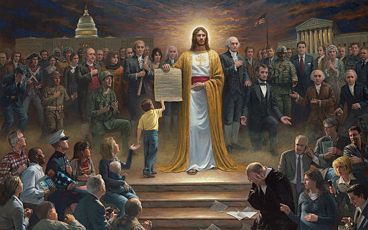 Jesus Christ, der vor den malenden Leuten, religiös, christlich steht, HD-Hintergrundbild