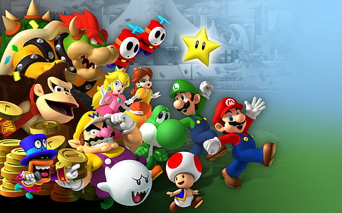 Mario, Mario Party 8, Boo (Super Mario), Bowser, Donkey Kong, Luigi, Maskass (Mario), Princesse Daisy, Princesse Peach, Shy Guy, Super Star (Super Mario), Toad (Mario), Wario, Yoshi, Fondo de pantalla HD HD wallpaper