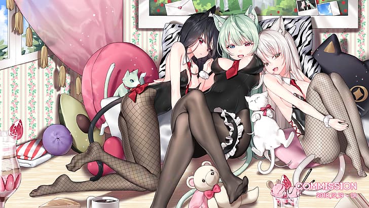 animal ears, cat girl, thick thigh, thigh-highs, bunny suit, lying down, in bed, cleavage, HD wallpaper