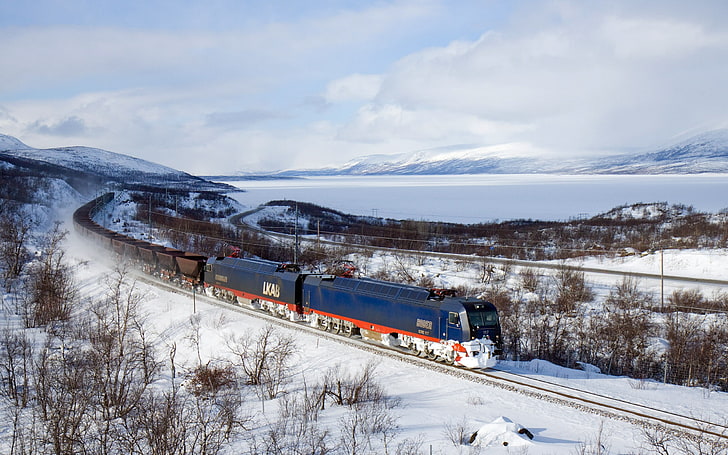 поезд, грузовой поезд, электровозы, зима, снег, HD обои