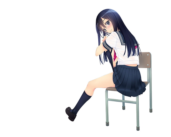 Anime Mädchen, lange Haare, Schuluniform, Schulmädchen, dunkles Haar, weißer Hintergrund, HD-Hintergrundbild