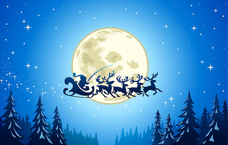silhouette of sleight and four deer illustration, stars, snow, trees, city, the city, vector, graphics, new year, home, houses, full moon, graphic, Reindeer, merry Christmas, Santa Claus is, santa claus coming, ice town, HD wallpaper