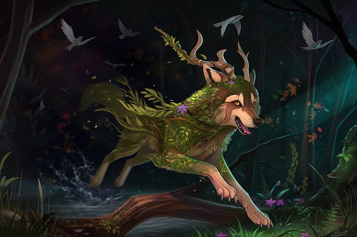 lukisan naga hitam dan hijau, berbulu, serigala, binatang, seni fantasi, Wallpaper HD