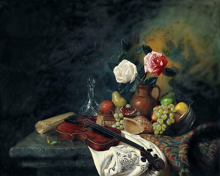 Artistic, Painting, Colorful, Flower, Fruit, Still Life, Vase, Violin, HD wallpaper