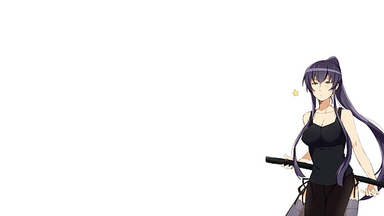 papel de parede digital de personagem de anime de cabelo preto, Highschool of the Dead, katana, blusa, Busujima Saeko, meninas anime, fundo simples, anime, HD papel de parede HD wallpaper