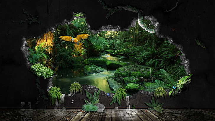 pianta a foglia verde, arte digitale, CGI, natura, giungla, ruscello, roccia, piante, uccelli, pappagallo, alberi, acqua, muro, superficie in legno, Sfondo HD