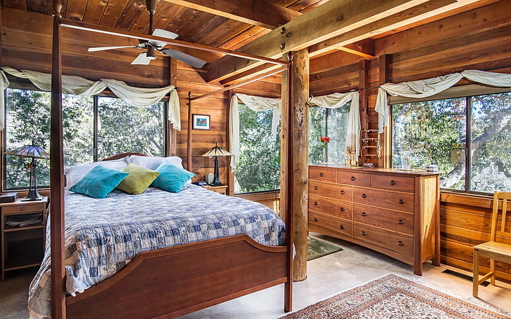3-częściowy zestaw mebli do sypialni z drewna brązowego, sypialnia, łóżko, projekt, wnętrze, komoda, Tapety HD